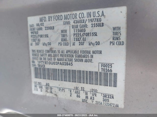 2003 FORD RANGER XL/XLT/EDGE VIN: 1FTYR10U03PA02845