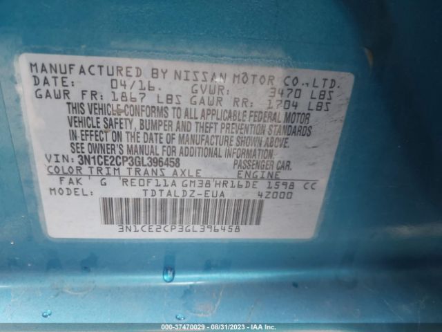 3N1CE2CP3GL396458 Nissan Versa Note S/s Plus/sv/sr/sl