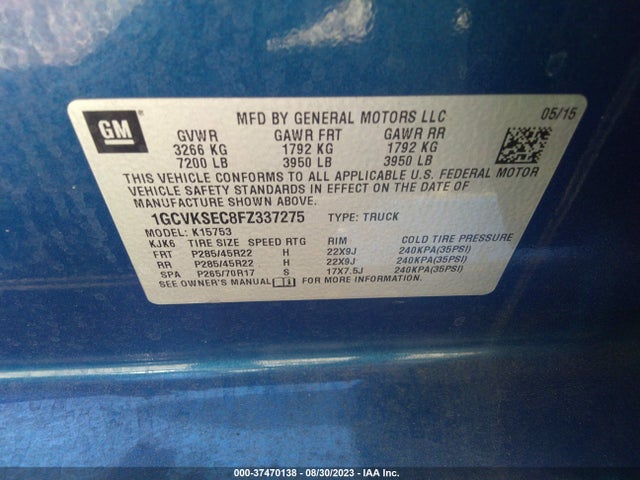 2015 CHEVROLET SILVERADO 1500 2LZ VIN: 1GCVKSEC8FZ337275