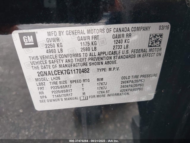 Chevrolet EQUINOX LT 2016 2GNALCEK7G1170482 Image 9