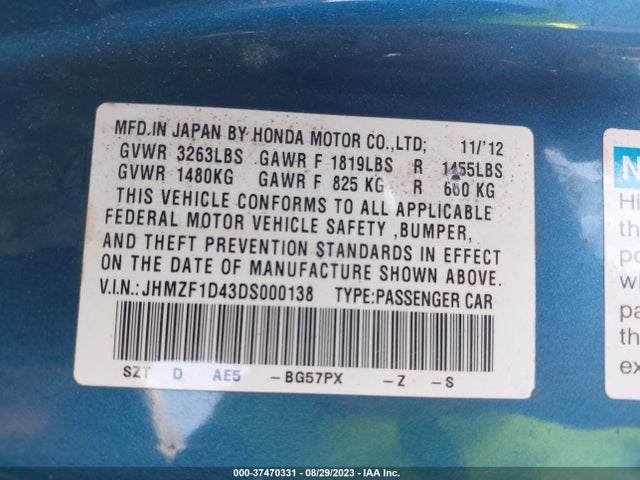 2013 HONDA CR-Z VIN: JHMZF1D43DS000138