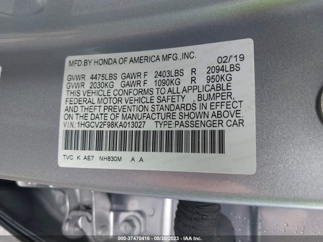 2019 HONDA ACCORD SEDAN TOURING 2.0T VIN: 1HGCV2F98KA013027