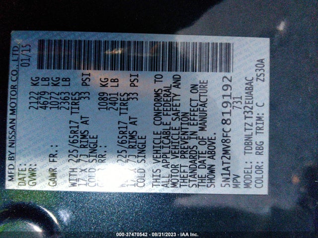 Nissan ROGUE SV 2015 5N1AT2MV8FC819192 Image 9