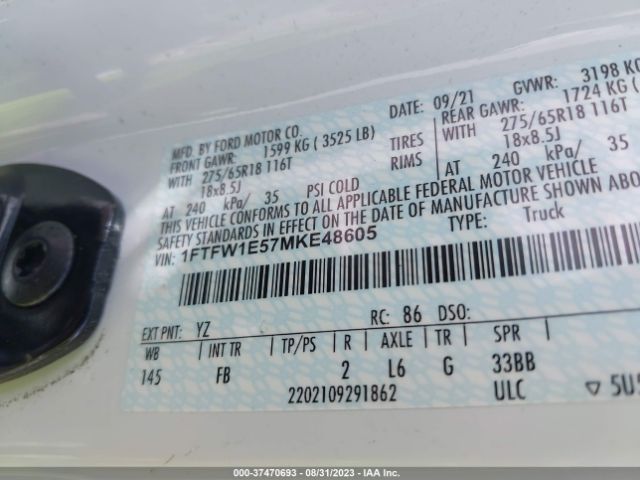 1FTFW1E57MKE48605 Ford F-150 Xlt