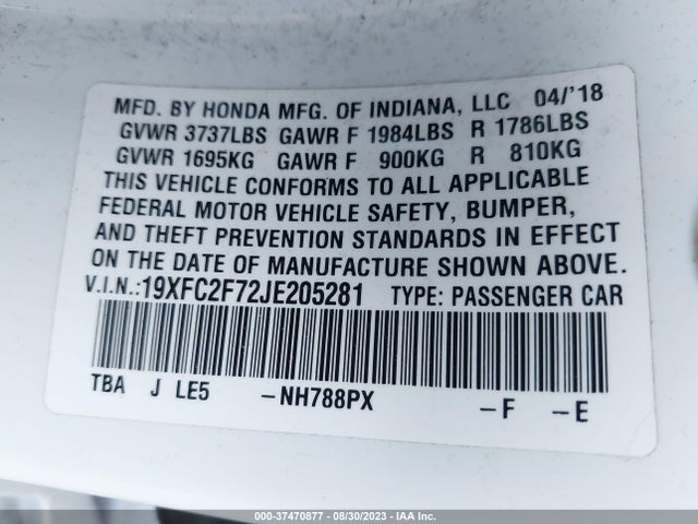 Honda Civic Sedan Ex 2018 19XFC2F72JE205281 Image 9