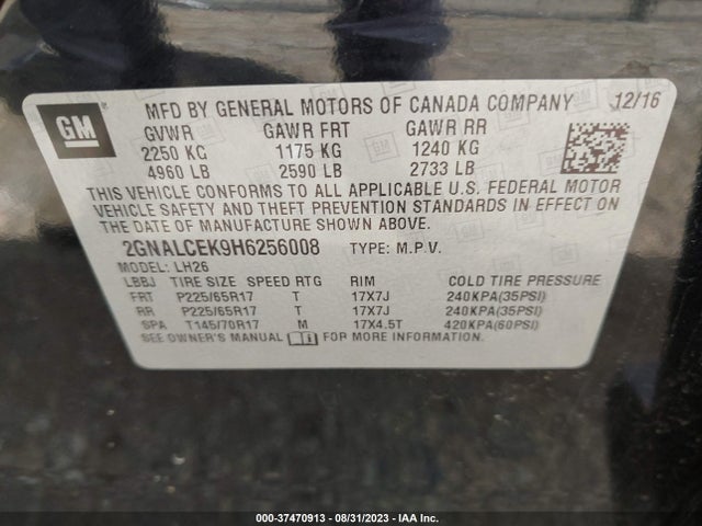 Chevrolet EQUINOX LT 2017 2GNALCEK9H6256008 Image 9