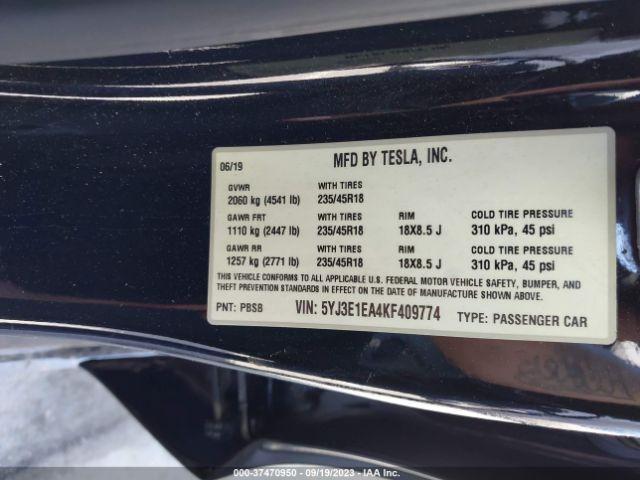 5YJ3E1EA4KF409774 Tesla Model 3 Range