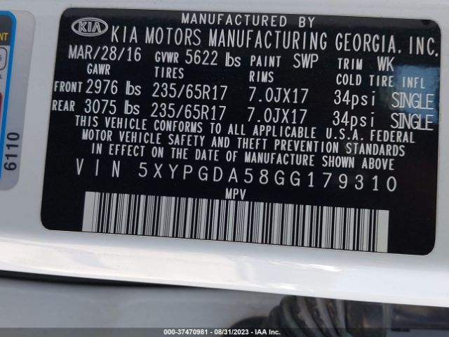 5XYPGDA58GG179310 KIA SORENTO LX