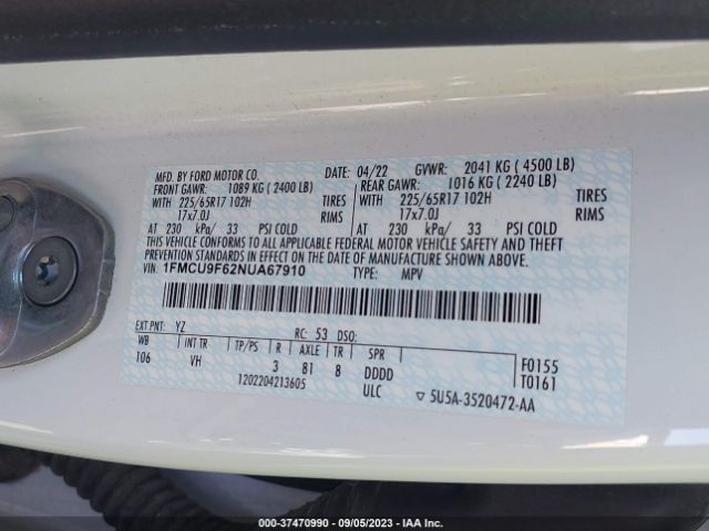 1FMCU9F62NUA67910 Ford ESCAPE S