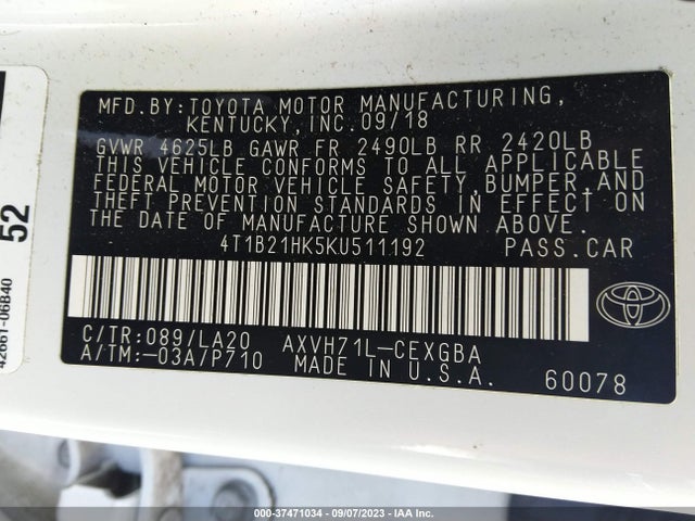2019 TOYOTA CAMRY HYBRID VIN: 4T1B21HK5KU511192