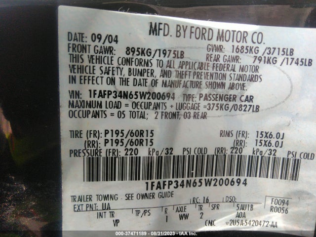 2005 FORD FOCUS S/SE/SES VIN: 1FAFP34N65W200694