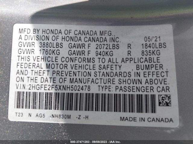 2HGFE2F5XNH502478 Honda Civic Sedan Sport