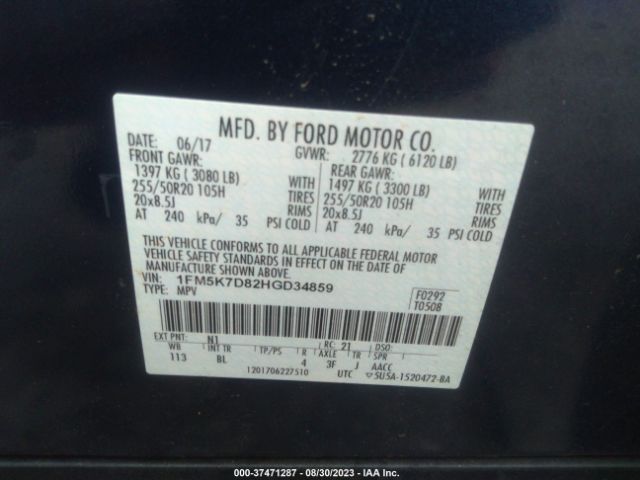 1FM5K7D82HGD34859 Ford EXPLORER XLT