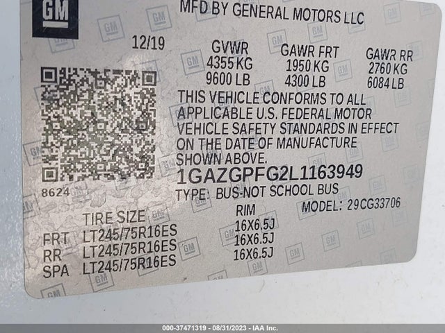Chevrolet Express Passenger Lt 2020 1GAZGPFG2L1163949 Image 9