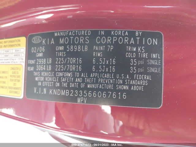 2006 KIA SEDONA LX/EX VIN: KNDMB233566067616