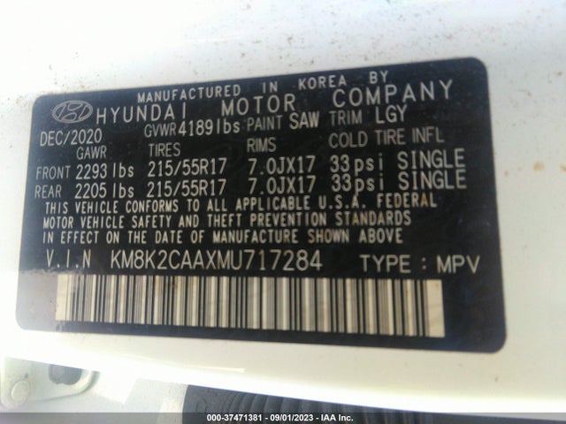 2021 HYUNDAI KONA SEL VIN: KM8K2CAAXMU717284