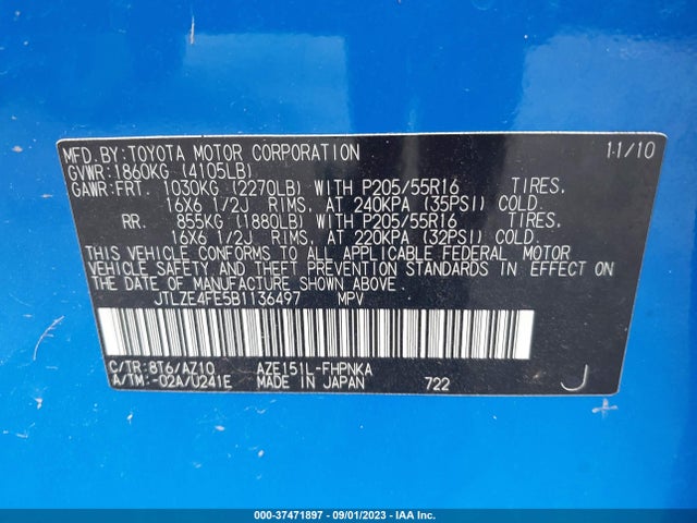 2011 SCION XB VIN: JTLZE4FE5B1136497