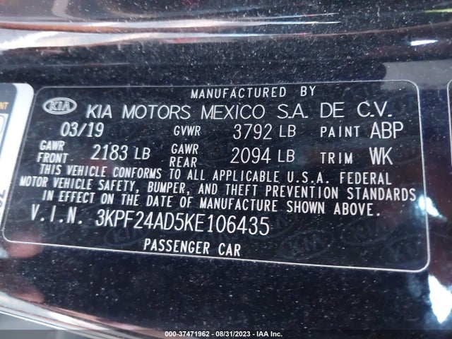 2019 KIA FORTE FE VIN: 3KPF24AD5KE106435