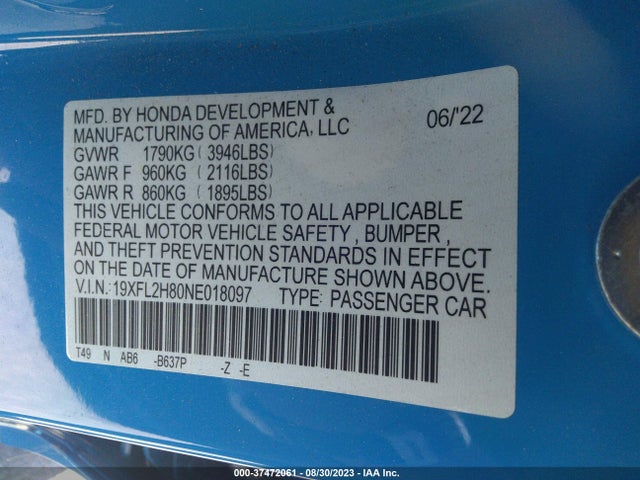 Honda Civic Hatchback Sport 2022 19XFL2H80NE018097 Image 9