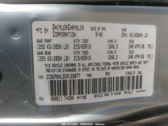 2003 CHRYSLER TOWN & COUNTRY LIMITED VIN: 2C8GP64L93R123077