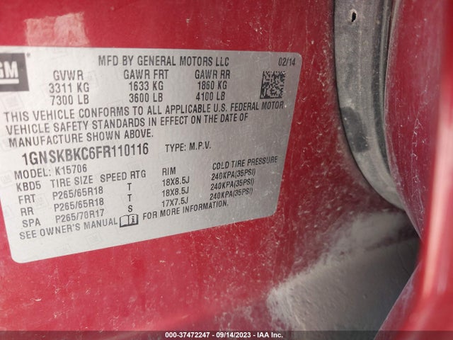 Chevrolet Tahoe Lt 2015 1GNSKBKC6FR110116 Image 9
