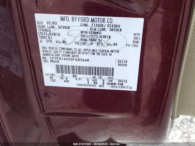 2005 FORD F-150 XLT/FX4/LARIAT/XL VIN: 1FTPX14555FA85668