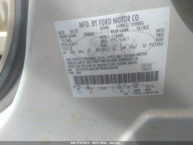 2007 FORD EDGE SEL VIN: 2FMDK48C87BB02605