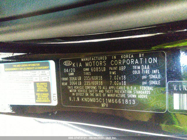2021 KIA SEDONA EX VIN: KNDMB5C11M6661813