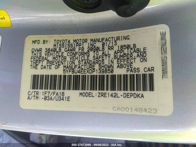 2013 TOYOTA COROLLA L/LE/S VIN: 5YFBU4EEXDP139850