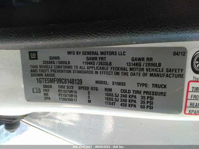 2012 GMC CANYON SLE1 VIN: 1GTE5MF99C8148139