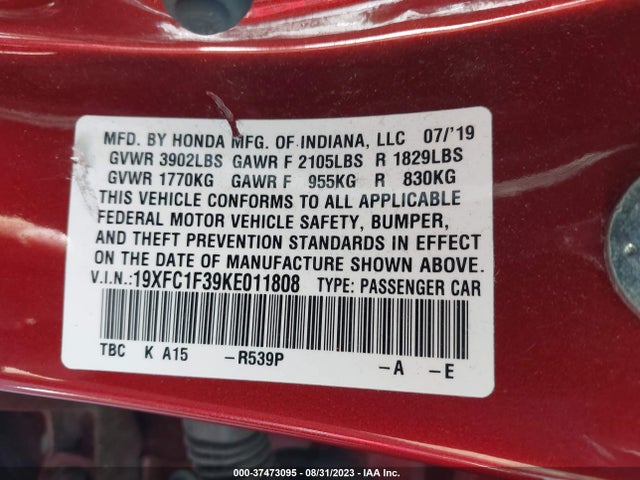 Honda Civic Sedan Ex 2019 19XFC1F39KE011808 Image 9