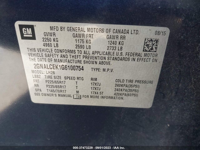 2016 CHEVROLET EQUINOX LT VIN: 2GNALCEK1G6100754