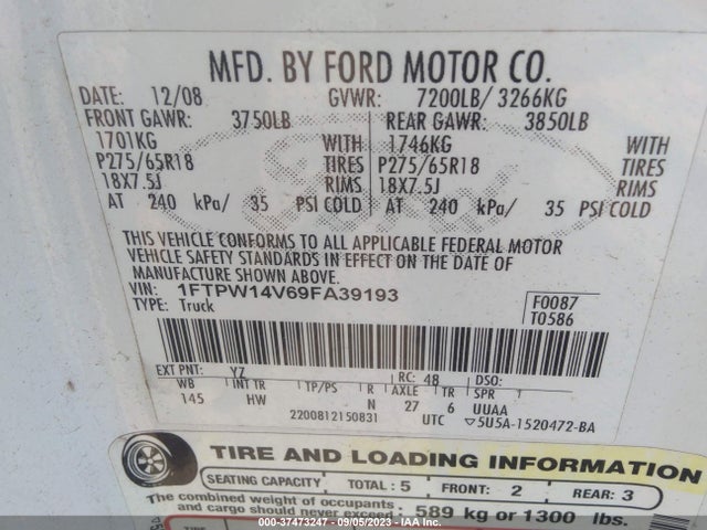 2009 FORD F-150 XL/XLT/FX4/LARIAT VIN: 1FTPW14V69FA39193