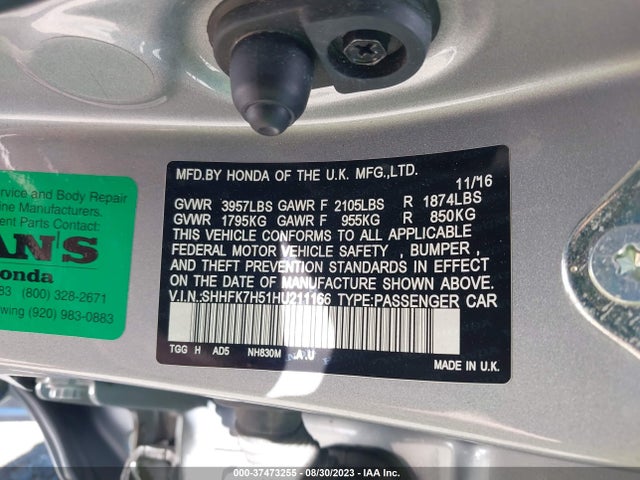Honda Civic Hatchback Ex 2017 SHHFK7H51HU211166 Image 9