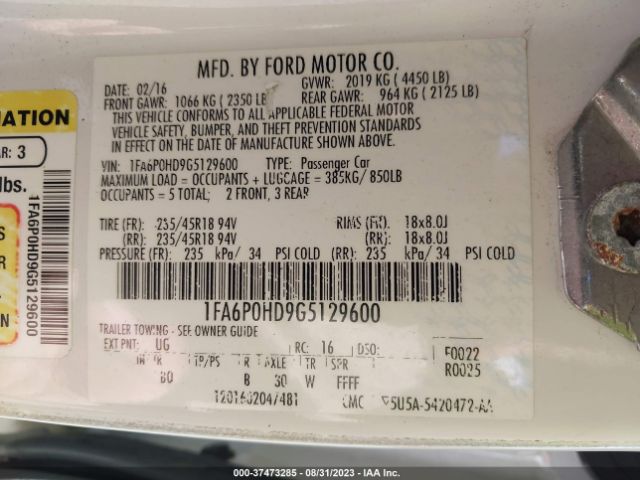 1FA6P0HD9G5129600 Ford FUSION SE
