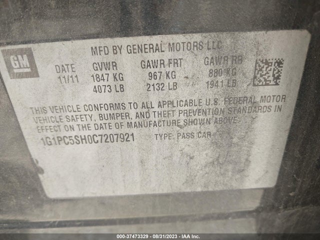 2012 CHEVROLET CRUZE LS VIN: 1G1PC5SH0C7207921