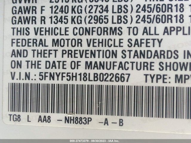 Honda PILOT LX 2020 5FNYF5H18LB022667 Image 9