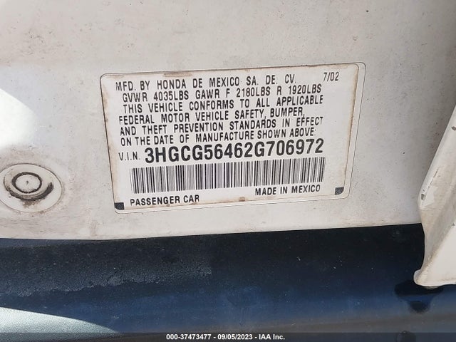 2002 HONDA ACCORD SDN LX VIN: 3HGCG56462G706972