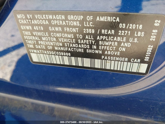 1VWAT7A33GC038986 Volkswagen Passat 1.8t S