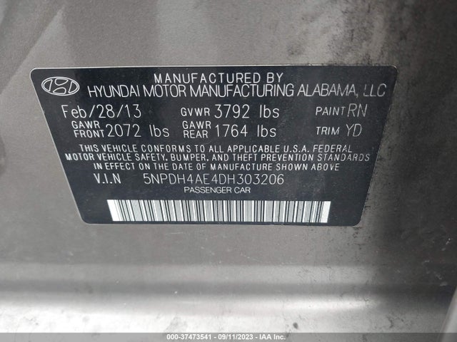 2013 HYUNDAI ELANTRA GLS PZEV VIN: 5NPDH4AE4DH303206