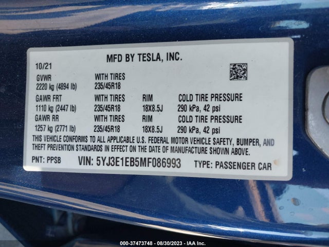 Tesla Model 3 Long Range 2021 5YJ3E1EB5MF086993 Image 17