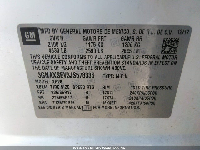 Chevrolet EQUINOX LT 2018 3GNAXSEV3JS578336 Image 9