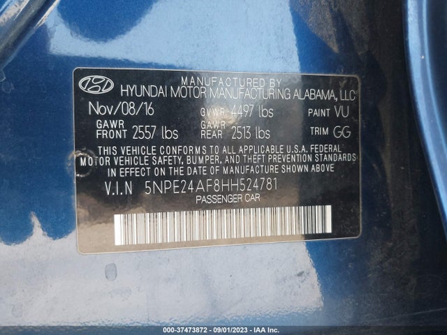 Aukcja sprzedaży 2017 Hyundai Sonata Se, vin: 5NPE24AF8HH524781, numer aukcji: 37473872
