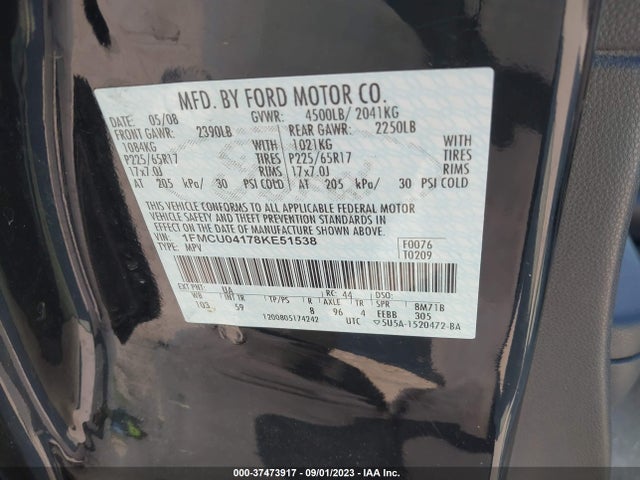2008 FORD ESCAPE LIMITED VIN: 1FMCU04178KE51538