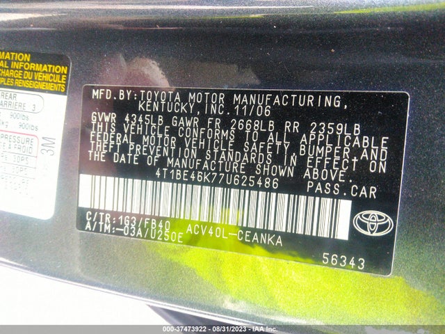 2007 TOYOTA CAMRY CE/LE/SE/XLE VIN: 4T1BE46K77U625486