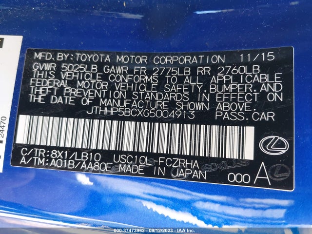 2016 Lexus RC, VIN: JTHHP5BCXG5004913