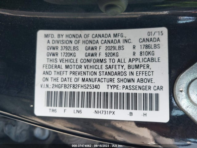 Honda Civic Sedan Ex 2015 2HGFB2F82FH525340 Image 9