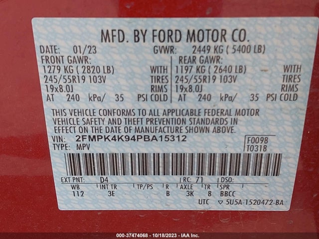 2023 FORD EDGE TITANIUM VIN: 2FMPK4K94PBA15312