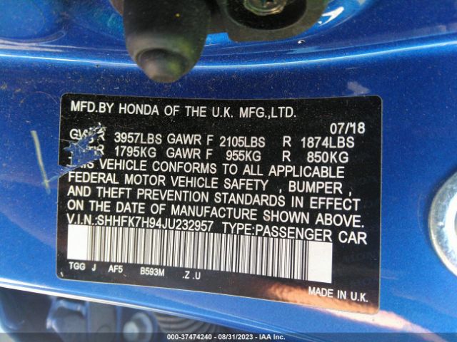 SHHFK7H94JU232957 Honda Civic Hatchback Sport Touring
