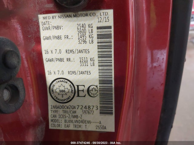 Nissan Frontier Sv/pro-4x 2016 1N6AD0CW2GN724873 Image 9